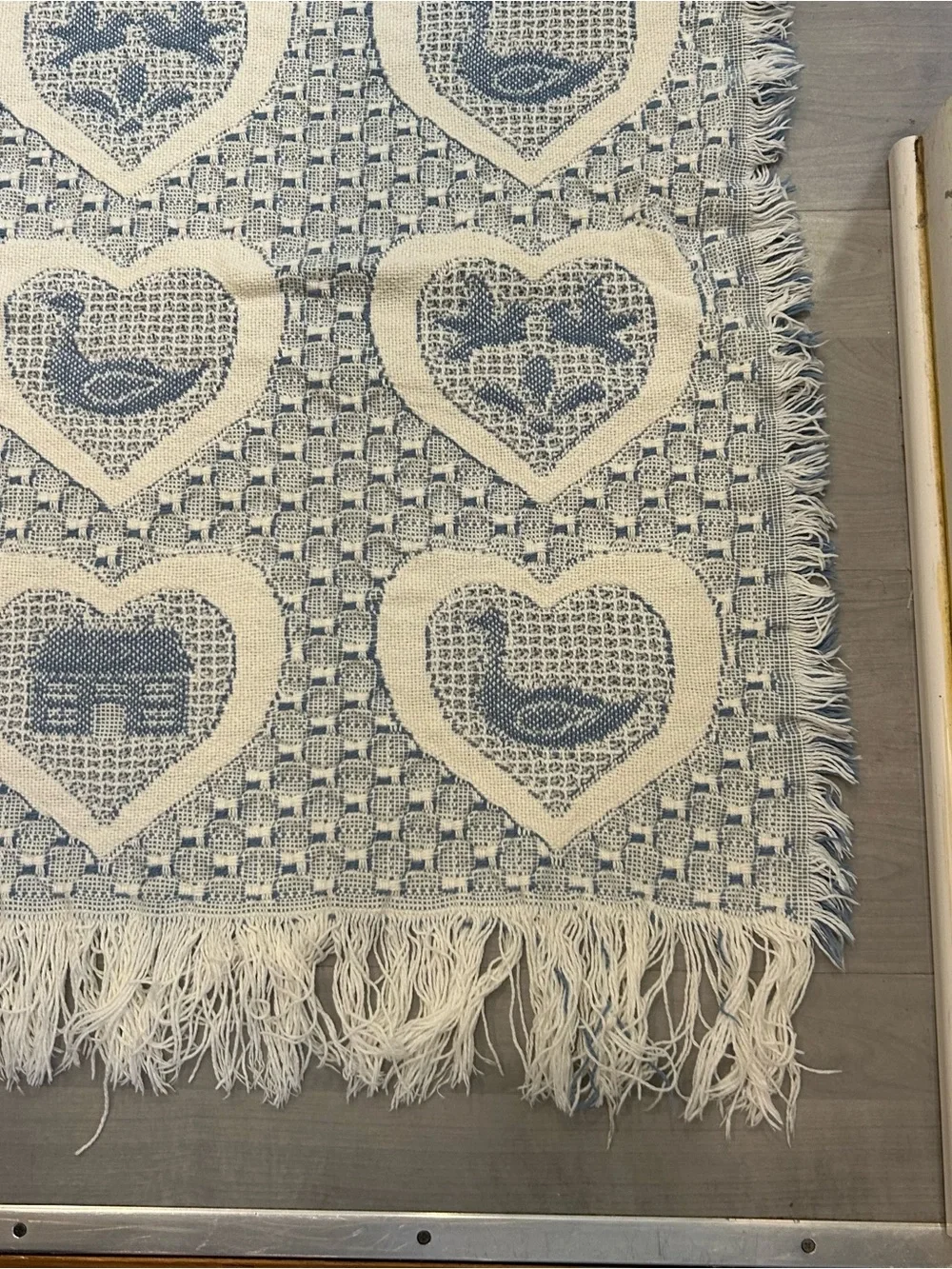 Vtg Woven Tapestry Throw Blanket Hearts Ducks Cottagecore Farmhouse Fringe 44x50